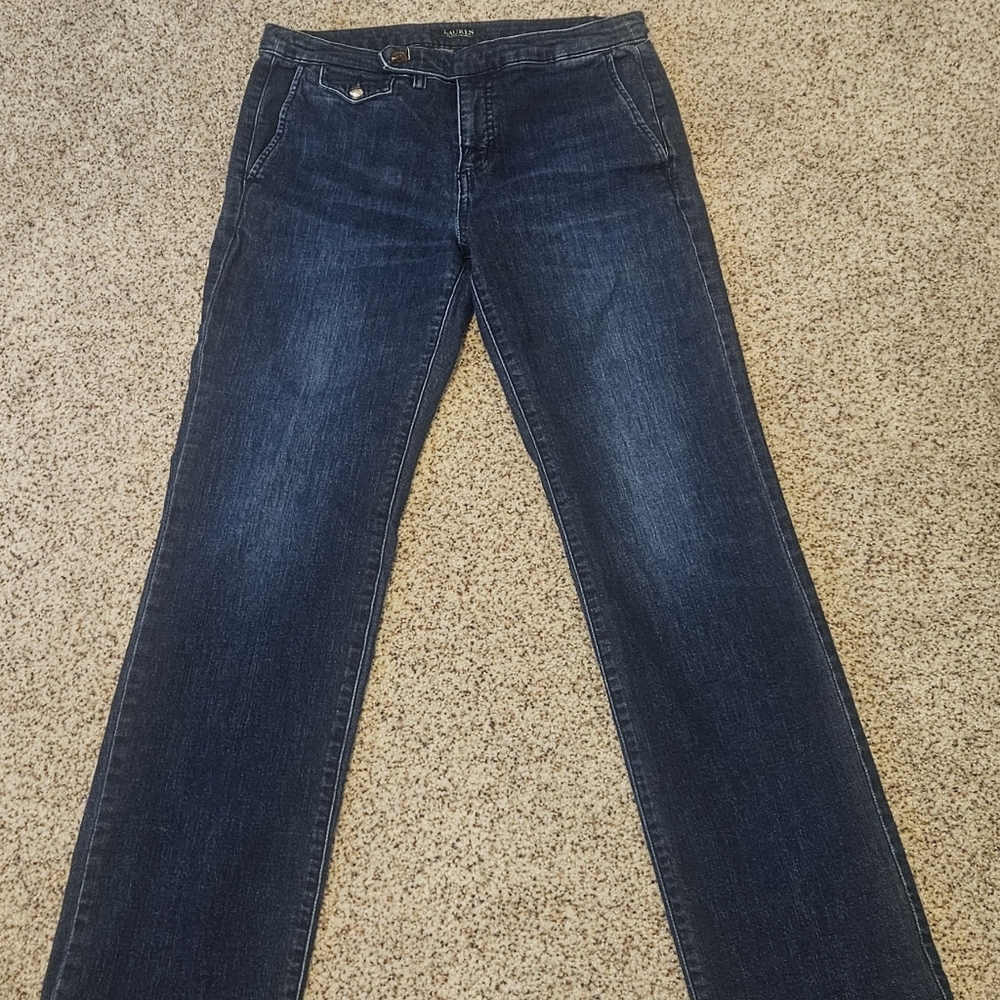 Lauren Ralph Lauren Women's Straight Leg Jeans Offset Button Dark Wash Denim Sz8